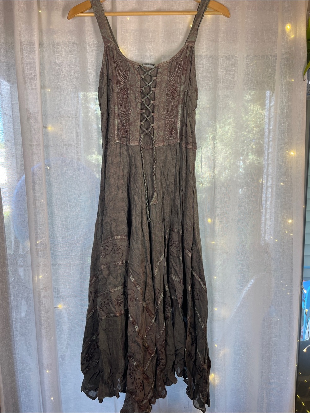 La Pogee World Over Boho Lace-Up Dress in Washed Plum Olive